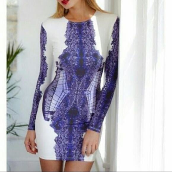 Kora Rae Abstract Long Sleeve Form Fitting Bodycon Mini Dress - Picture 1 of 9